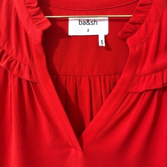 ba&sh | Thalgo Ruffle Yoke Plunging V-Neck Popover Top in Grenadine Red Size M - Picture 6 of 16